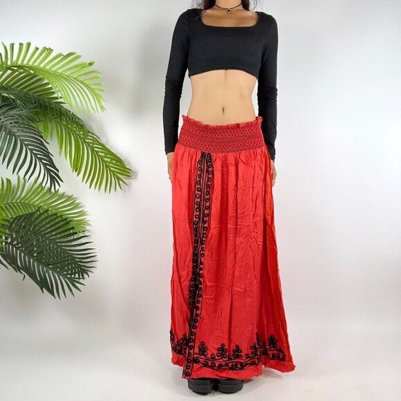 Vintage Red Vampy Whimsygoth Low Rise Floral Bohemian Hippie Maxi Skirt / 1X - Picture 4 of 6